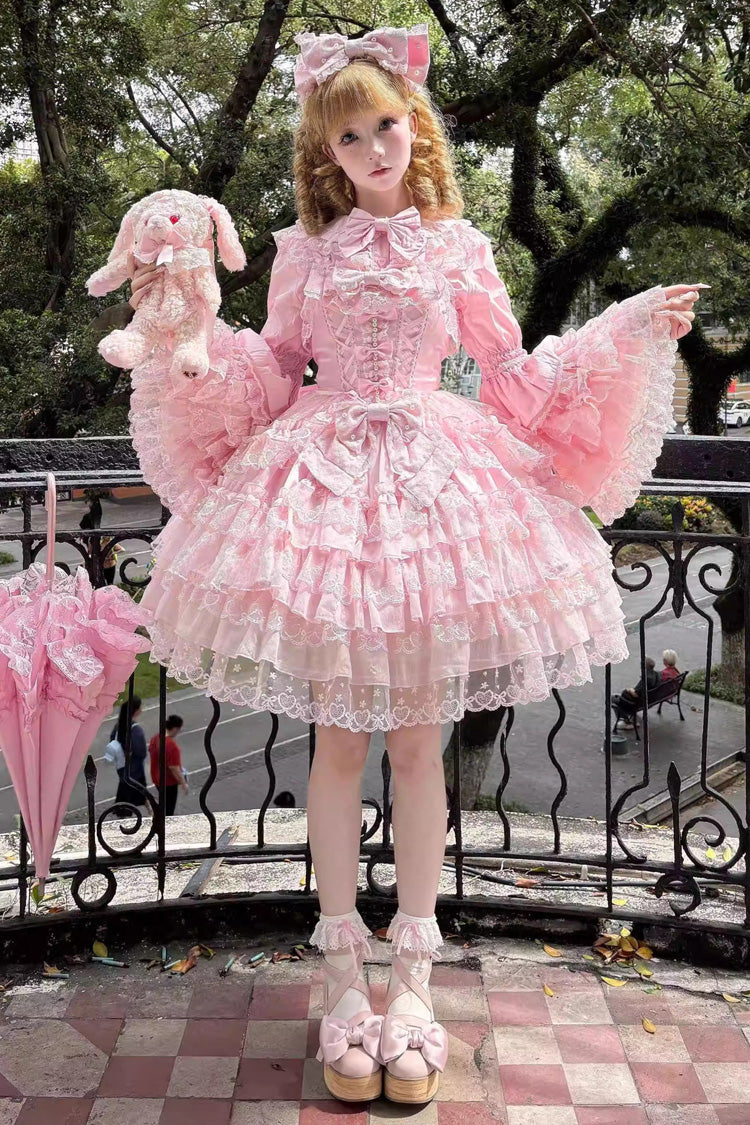 Pink Love Overture Multi-Layered Ruffle Bowknot Lace Sweet Lolita Jsk Dress