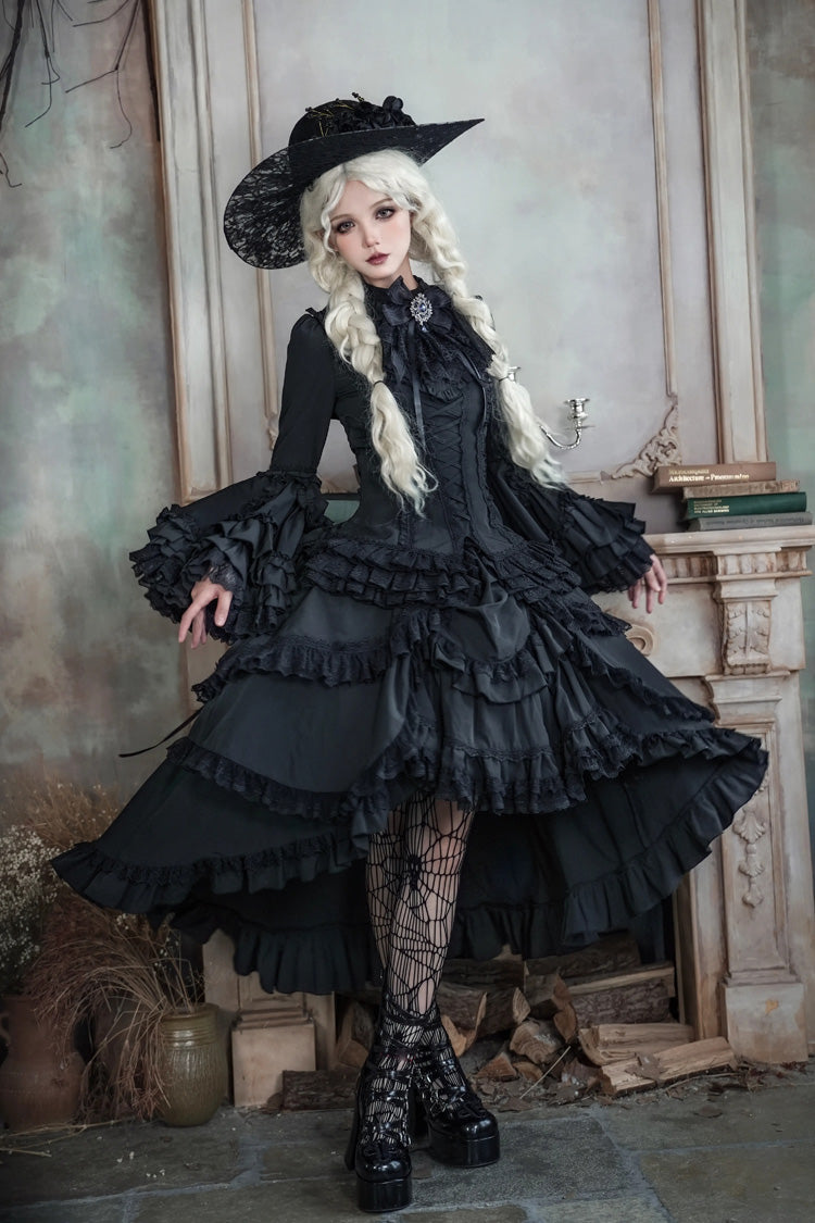 Black Immortal Phoenix Long Hime Sleeves Multi-Layered Ruffled Bow Lace-Up Gothic Lolita Skirt Dress Set
