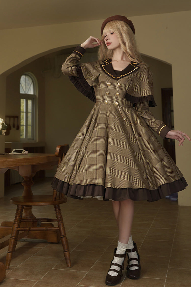 Brown Baker Street Stories Stripe Print Ruffle Fake Two Pieces British College Style Classic Lolita Dress