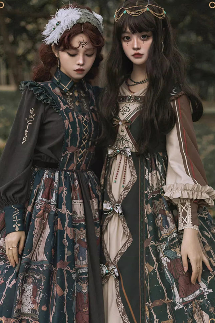 Dark Blue Tarot Print Ruffle Bowknot Sweet Elegant Lolita Strap Dress