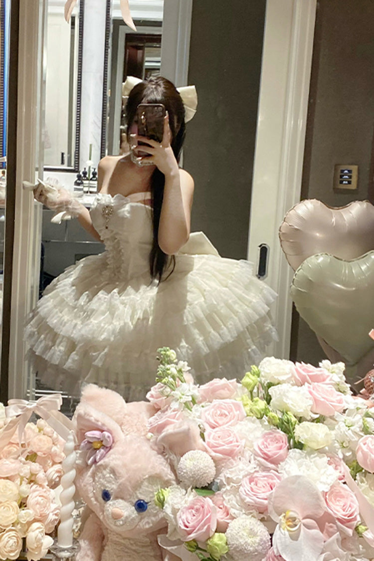 Beige Heartbeat at First Sight Off Shoulder Sleeveless Multi-Layered Ruffle Bowknot Lace Lace-Up Sweet Princess Gorgeous Lolita Dress