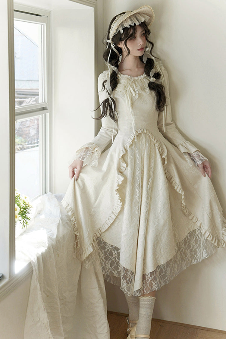 Ivory White Tea Long Sleeves Ruffle Bowknot Lace Irregular Classic Princess Lolita Dress