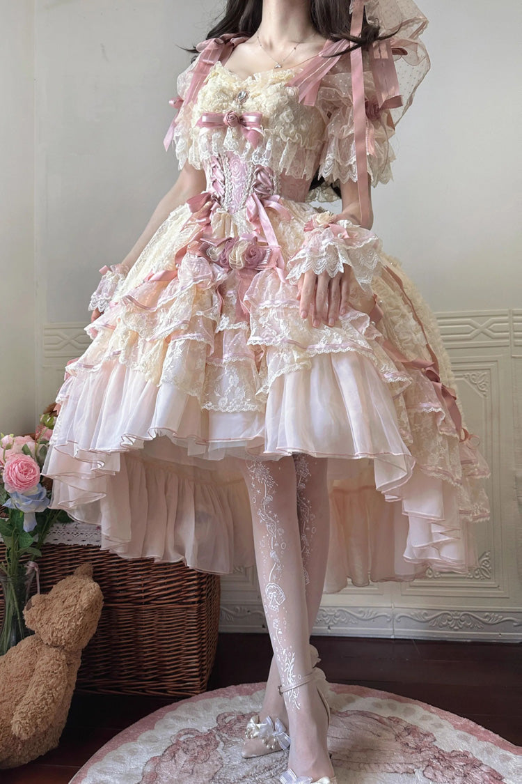 Pink Diane Rose Short Sleeves Multi-Layered Jacquard Ruffle Hanayome Cardigan Bowknot Lace Sweet Lolita Dress