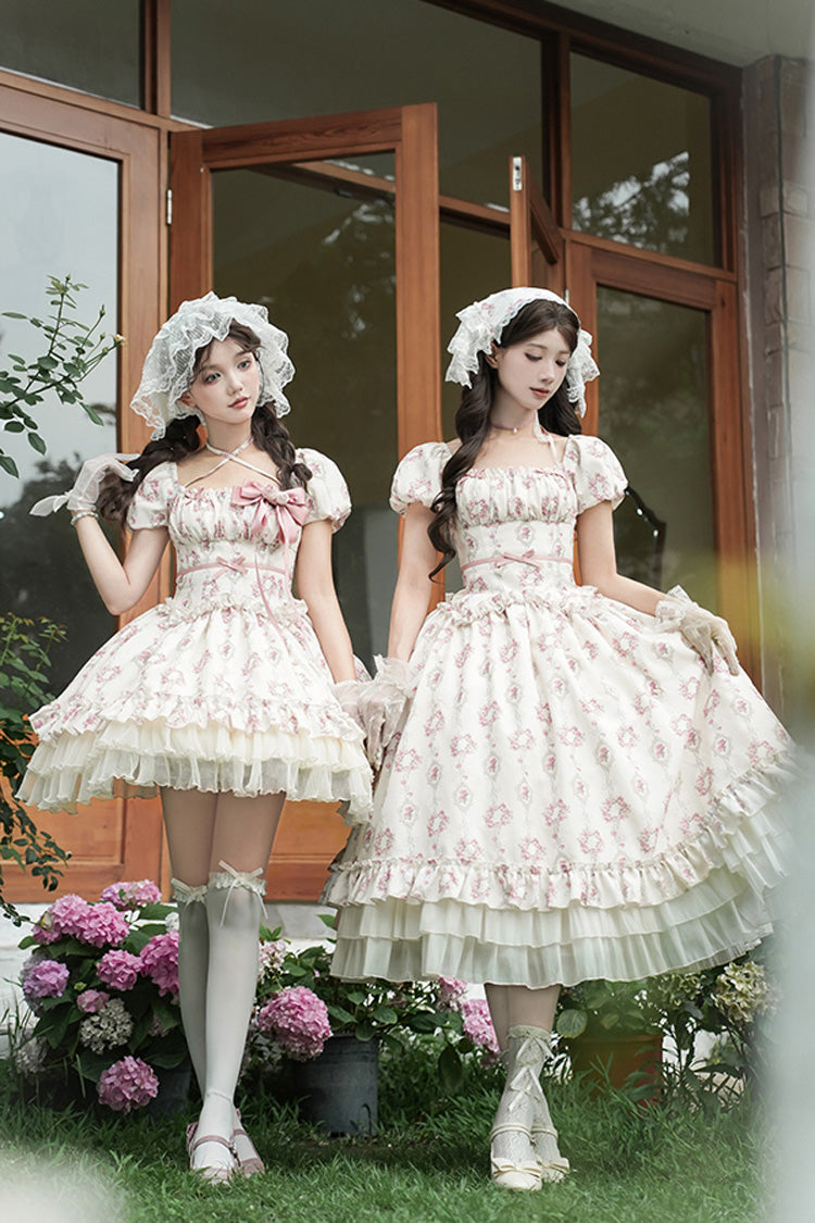 Ivory Rose After The Rain Short Sleeves Triple-Layered Print Ruffle Bowknot Lace-Up Sweet Lolita Long Dress