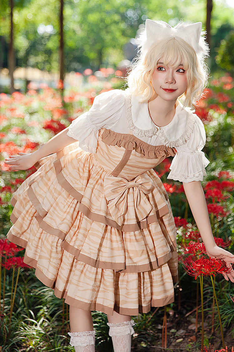 Apricot Cloth Cat Triple-Layered Print Ruffle Bowknot Sweet Lolita Dress