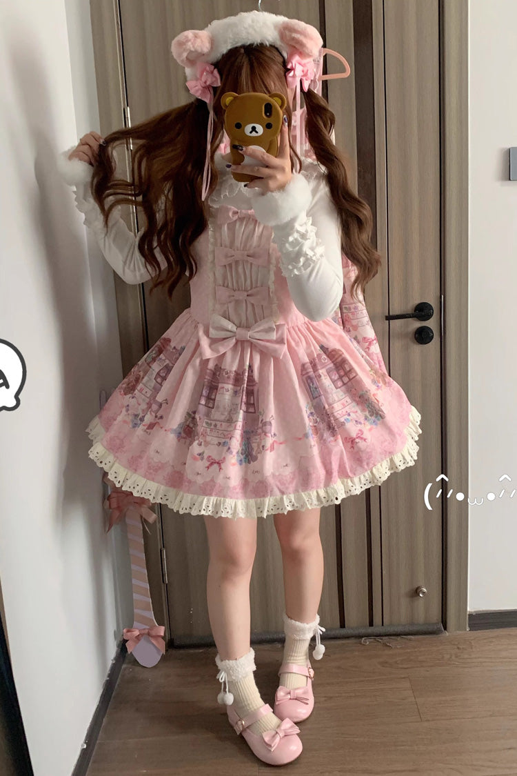 Pink Little Bear Shop Print Sleeveless Bowknot Lace Sweet Princess Lolita Jsk and Strap Dress