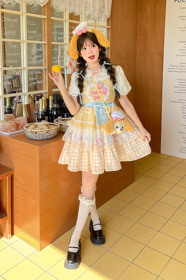 Yellow Happy Day Short Sleeves Triple-Layered Print Bowknot Lace Sweet Princess Lolita Dress