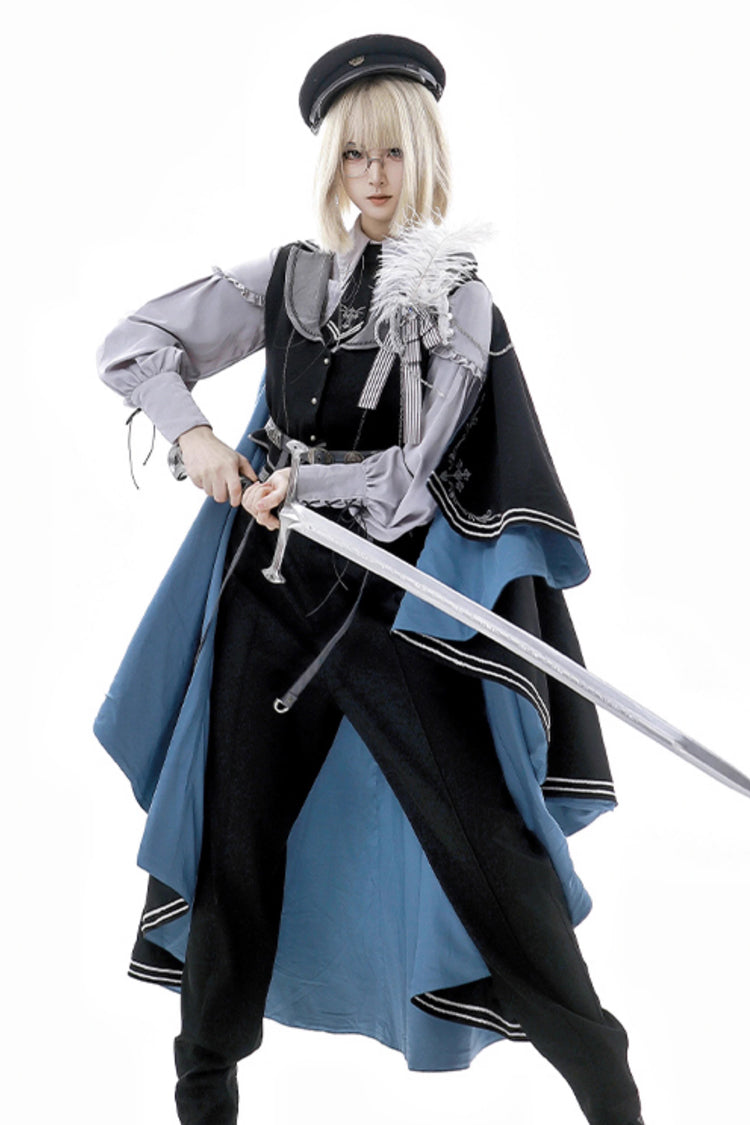 Black/Blue Dark Night Contract Long Sleeves Prince Handsome Ouji Lolita Blouse Pants Vest Set
