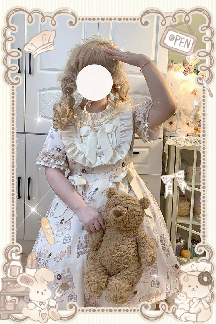 Ivory Short Puff Sleeves Print Ruffle Bowknot Plus Size Princess Lolita Dress