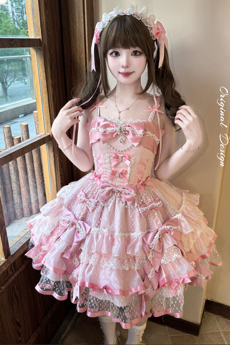 Pink Gem Love Sleeveless Triple-Layered Ruffle Bowknot Lace Sweet Ballet Lolita Jsk Dress