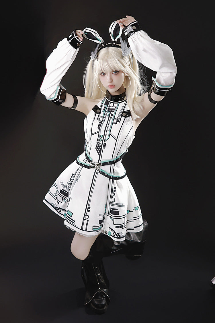 White Mecha Battle Maiden Stand Collar Print Futuristic Style Sweet Handsome Lolita Dress