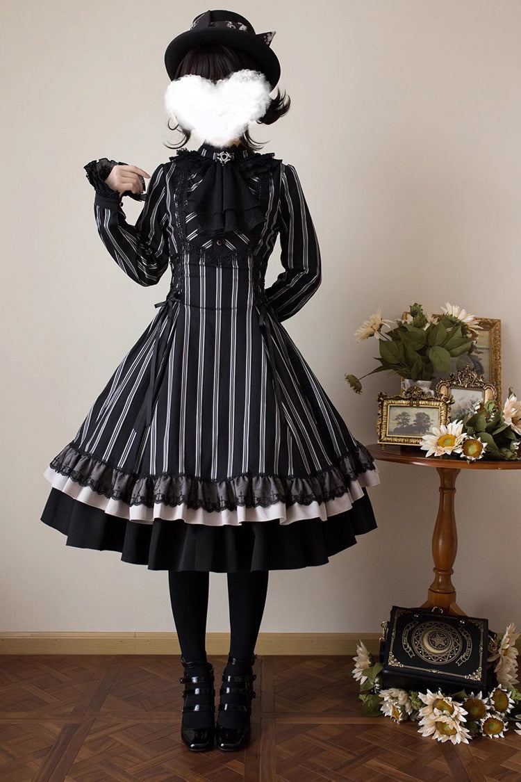 Black Stand Collar Long Sleeves Multi-layer Striped Print Ruffle Gothic Lolita Dress
