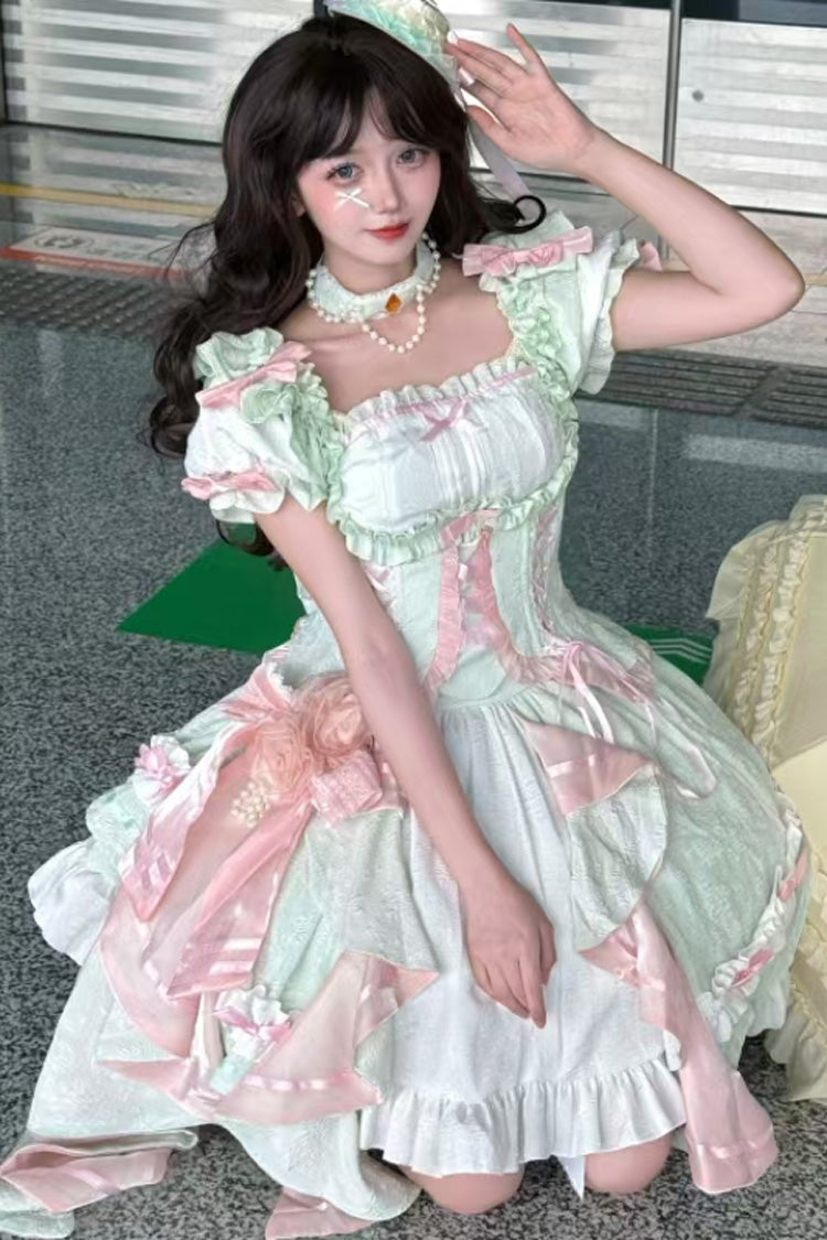 Spring Overture Square Collar Short Sleeves Ruffle Cardigan Bowknot Lace Sweet Elegant Lolita Skirt Set 4 Colors