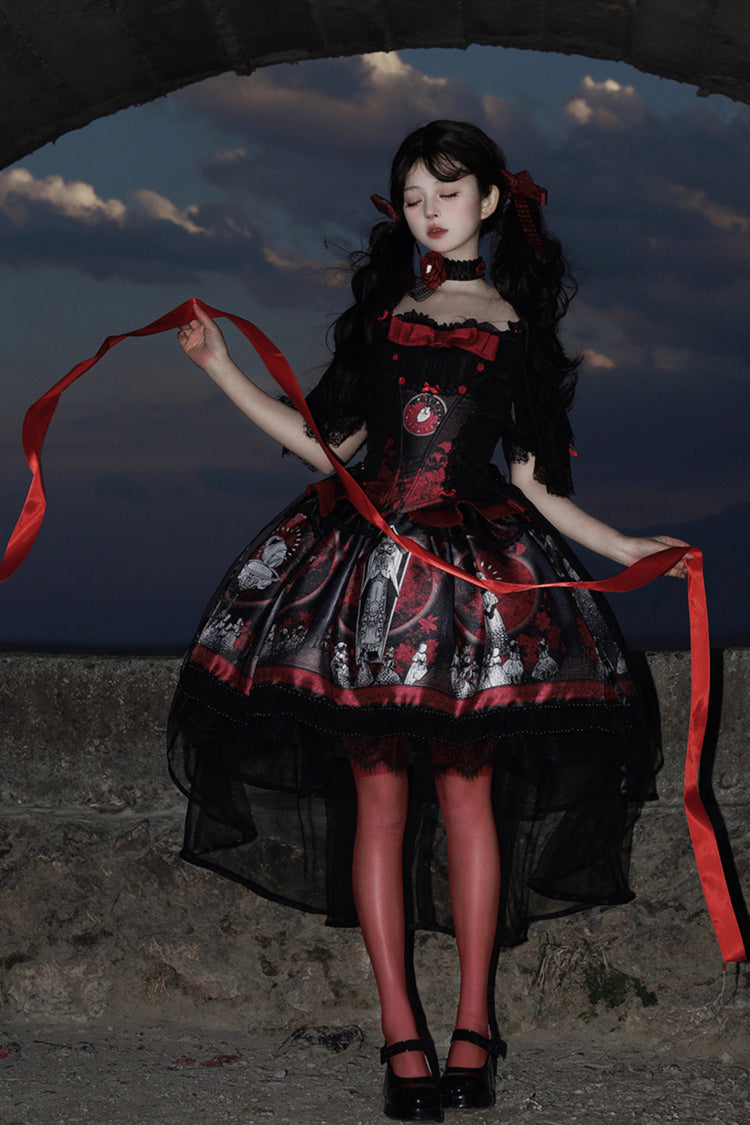 Red Dark Moon Corridor Print Embroidery Gothic Lolita Dress Skirt