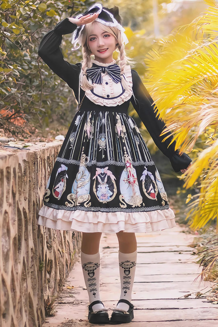 Black Easter Stand Collar Long Sleeves Print Ruffle Bowknot Sweet Plus Size Lolita Dress