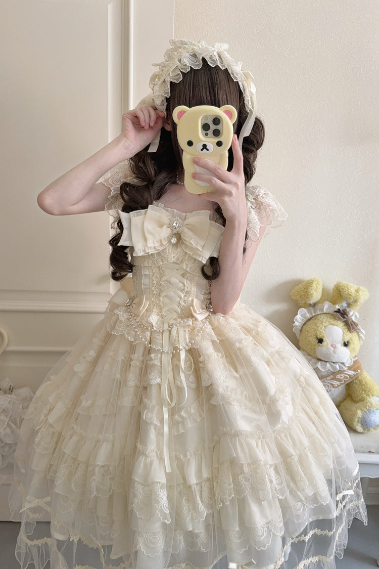 Apricot Eternal Vow Sleeveless Multi-Layered Ruffle Hanayome Bowknot Lace Lace-Up Sweet Lolita Jsk Dress