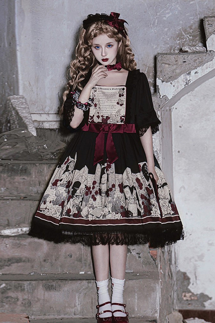 Black Alice of the Asylum Print Bowknot Lace Gothic Lolita Dress 2 Versions