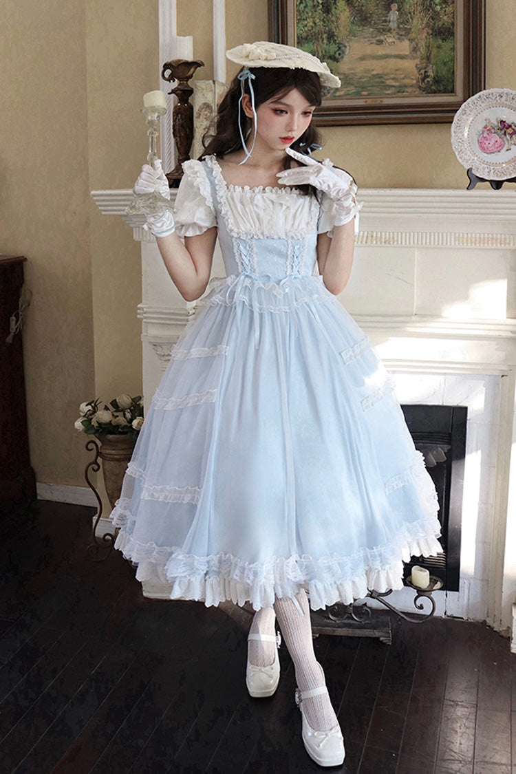 Light Blue Confession Poem Square Collar Short Sleeves Ruffle Sweet Elegant Lolita Dress Set