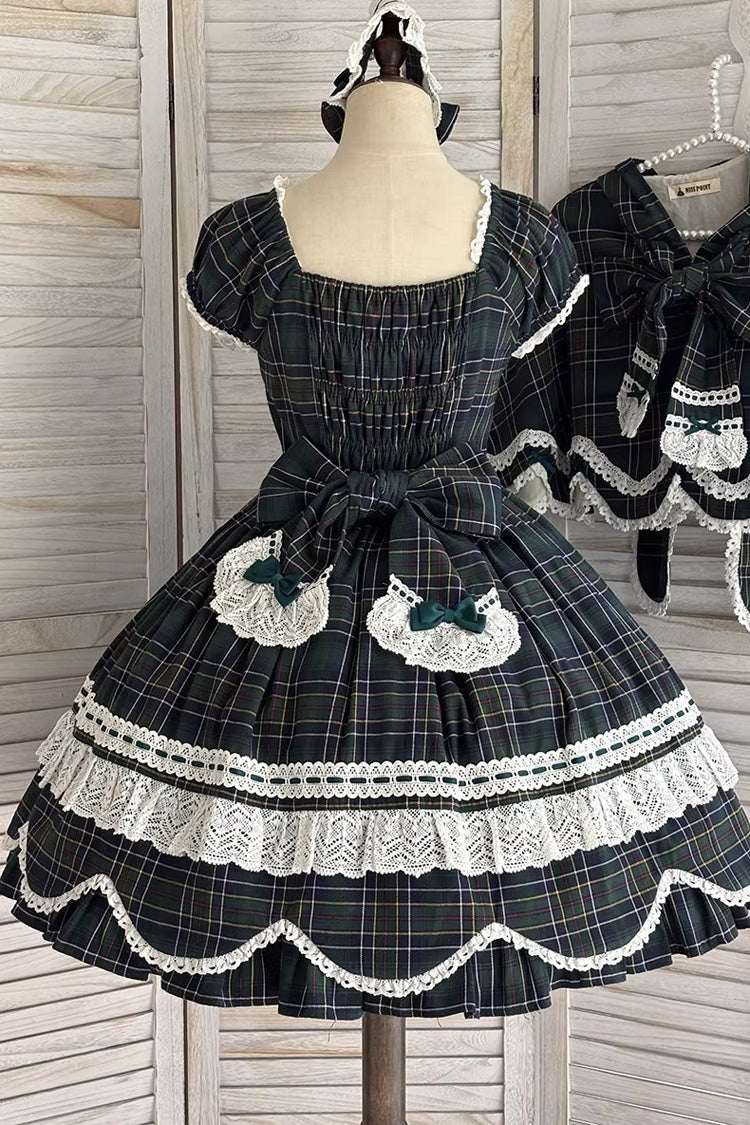 Green Gingham Petal Bunny Short Sleeves Printed Ruffled Bow Sweet Lolita OP Dress