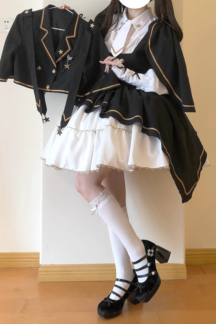 Black/White Commander Long Sleeves Ruffle Bowknot Irregular Sweet Lolita Dress Coat Cloak Set