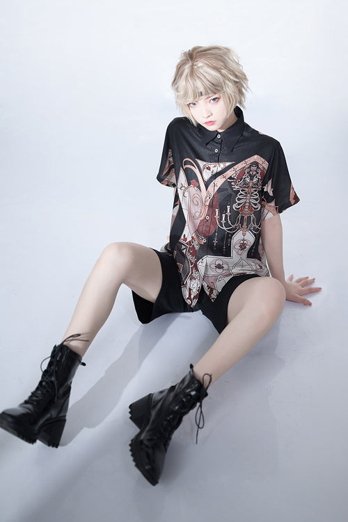 Lapel Collar Night Command Print Loose Short Sleeves Ouji Lolita Blouse