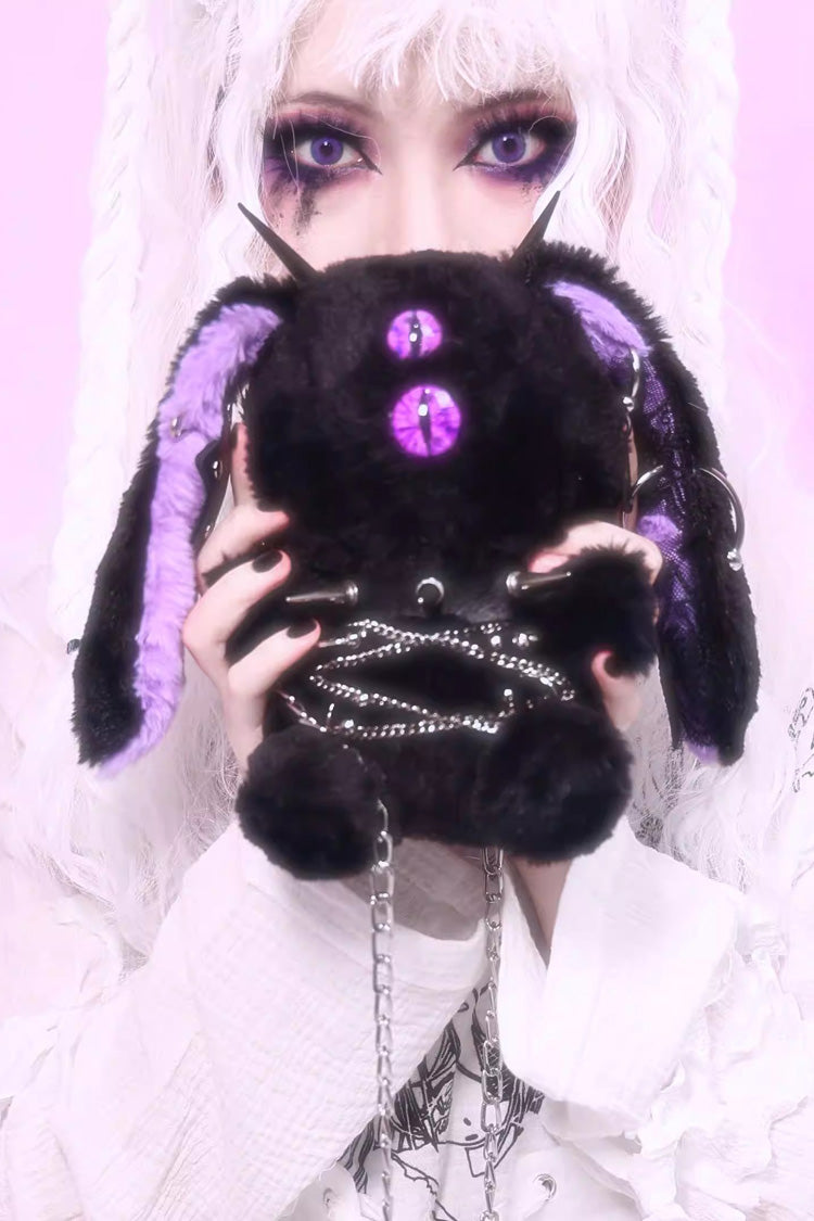 Black/Purple Demon Bunny One-Eyed Doll Chain-Decorated Gothic Lolita Crossbody Bag