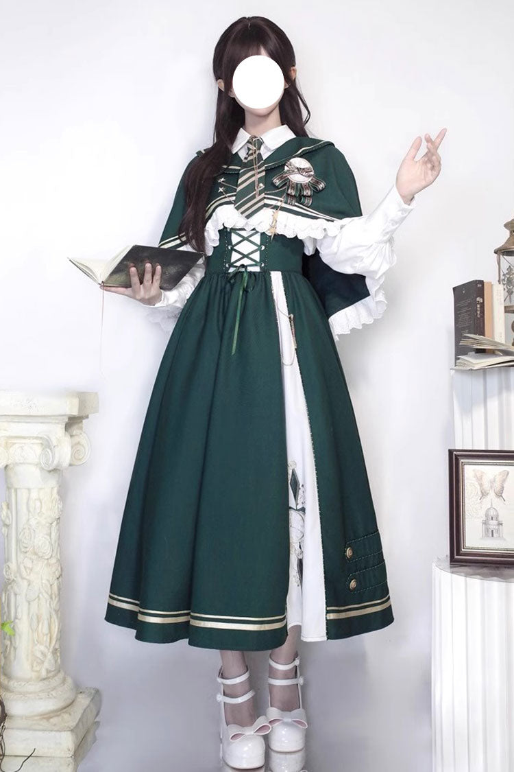 Green Time Traveler Print College Style Sweet Lolita Strap Dress 4 Piece Set