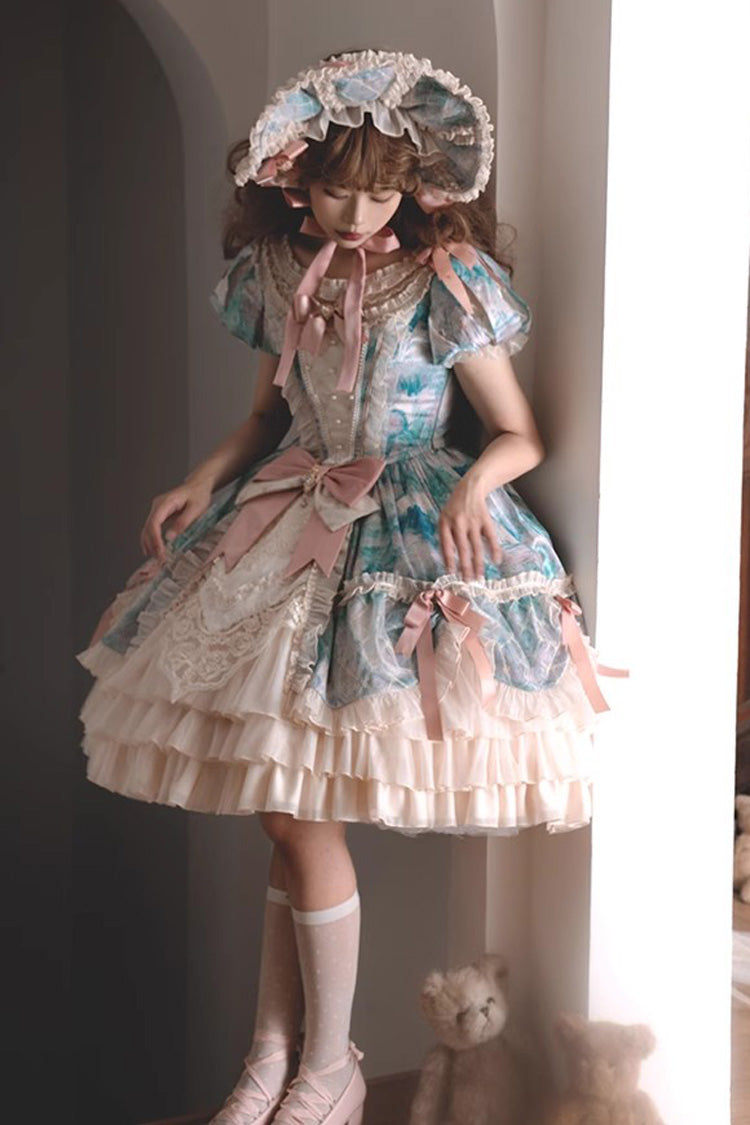 Angel Heart Sky Oil Painting Print Ruffle Cardigan Bowknot Sweet Princess Lolita Dress 3 Colors