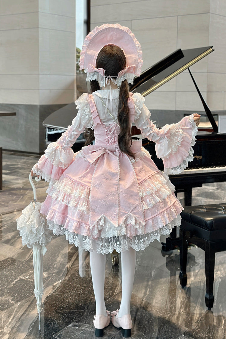 Sakura Love Multi-Layered Jacquard Ruffle Embroidery Cardigan Bowknot Lace Sweet Gorgeous Lolita Jsk Dress 2 Colors