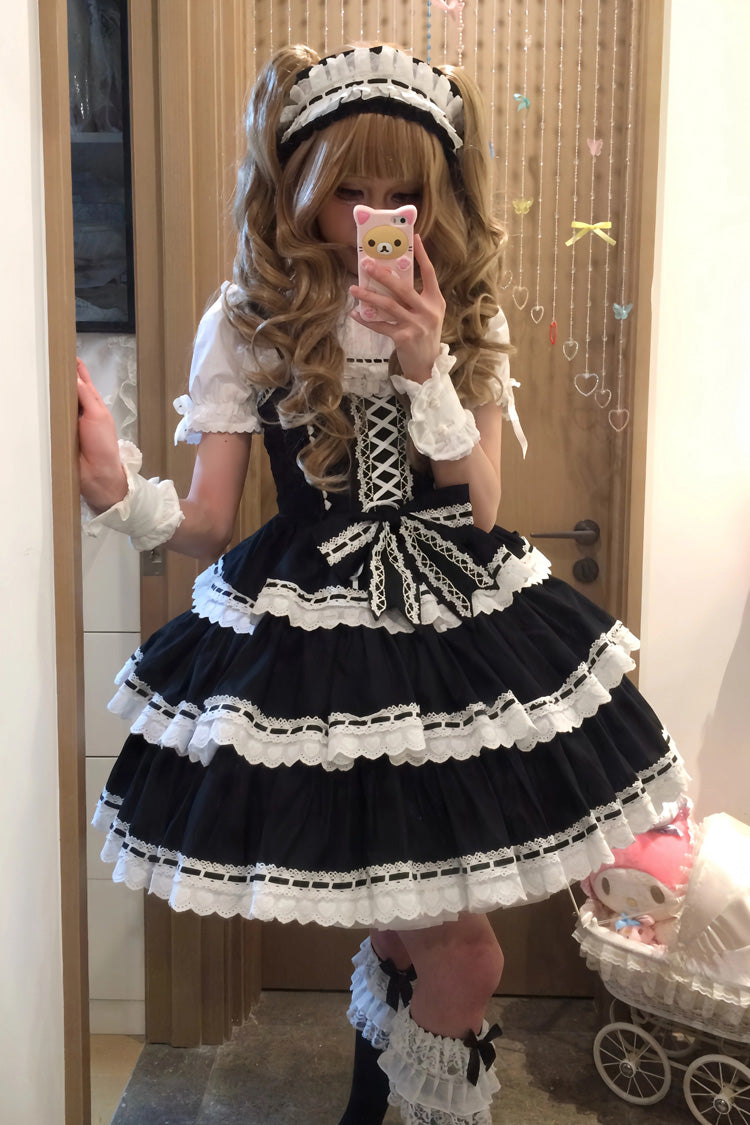 Black Maiden Heart Triple-Layered Ruffle Bowknot Lace Sweet Lolita Jsk Dress
