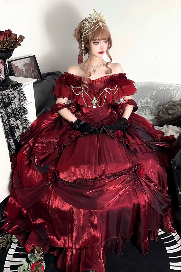 Red Tana Manor Rose Flower Long Sleeves Ruffle Bowknot Elegant Gothic Princess Lolita Strapless Dress