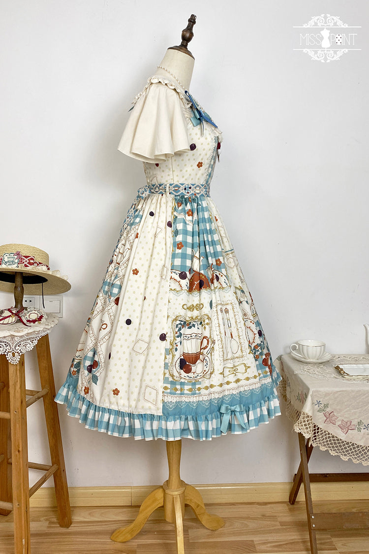 Blue/Green Tea Party Print Ruffle Bowknot Lace Sweet Elegant Lolita Jsk Dress