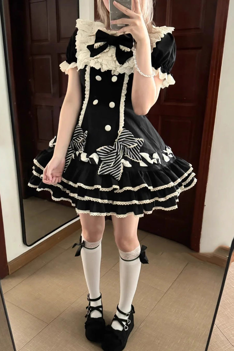 Black Striped Layered Short Sleeves Multi-Layered Ruffle Bowknot Sweet Princess Lolita Tiered Dress