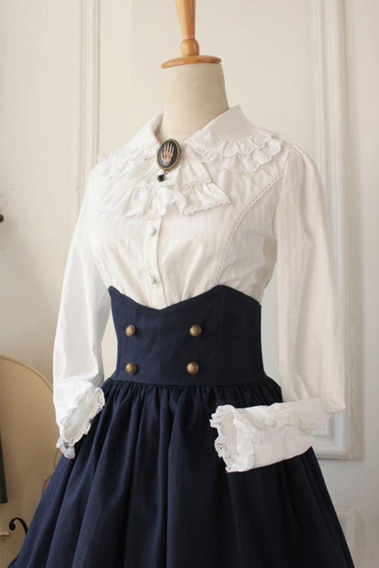 Dark Blue Vintage College Style High Waisted Fishbone Gothic Lolita Skirt