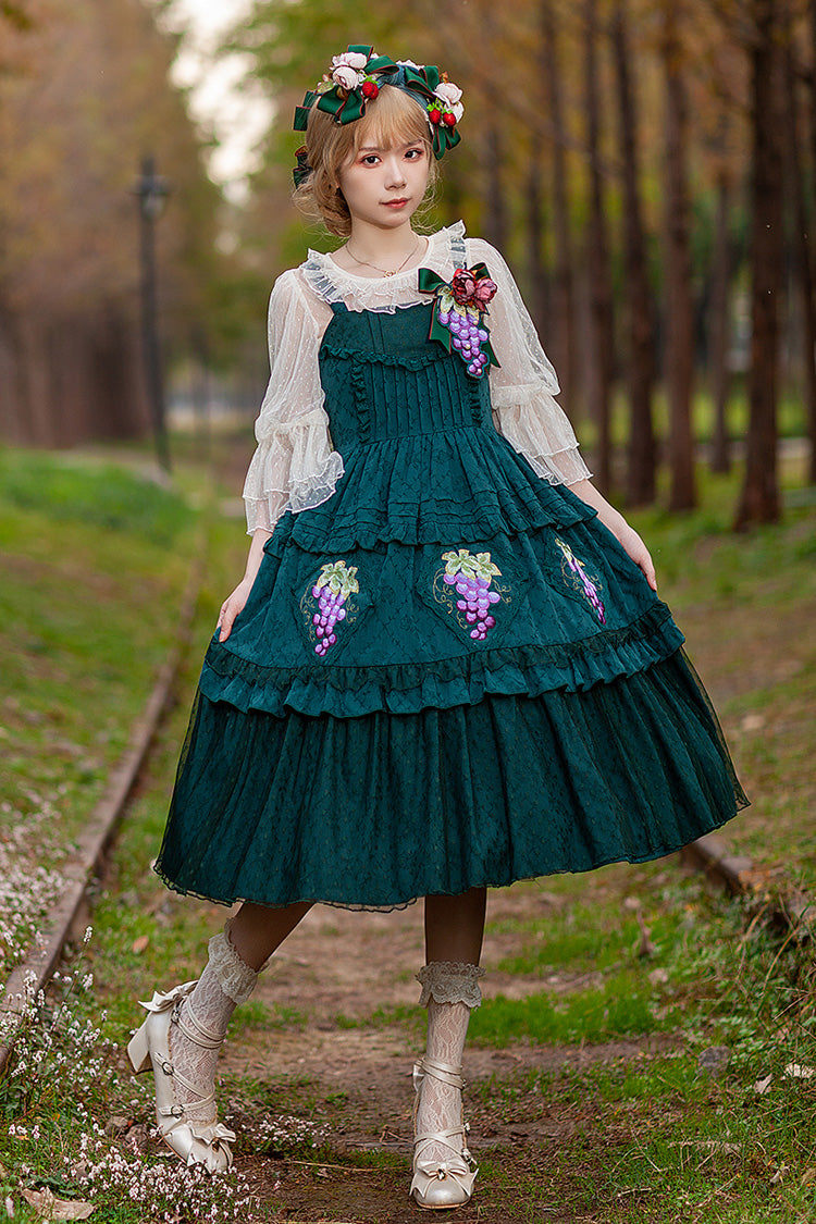Green Vineyard Sleeveless Jacquard Print Ruffle Embroidery Sweet Lolita Jsk Dress