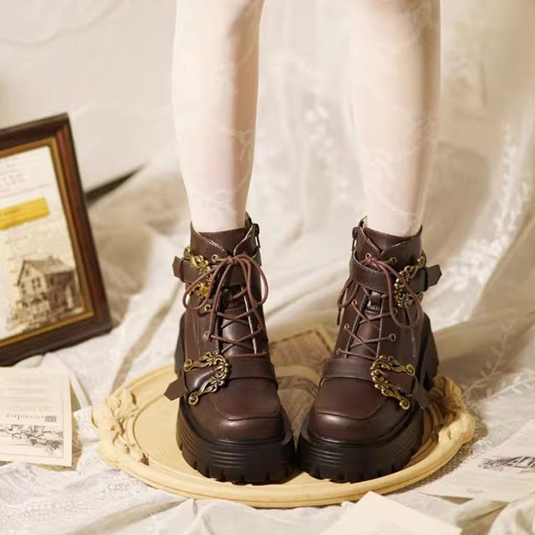 Vintage Accordion Knight Bowknot Chinese College Style Lolita Ankle Boots 2 Colors