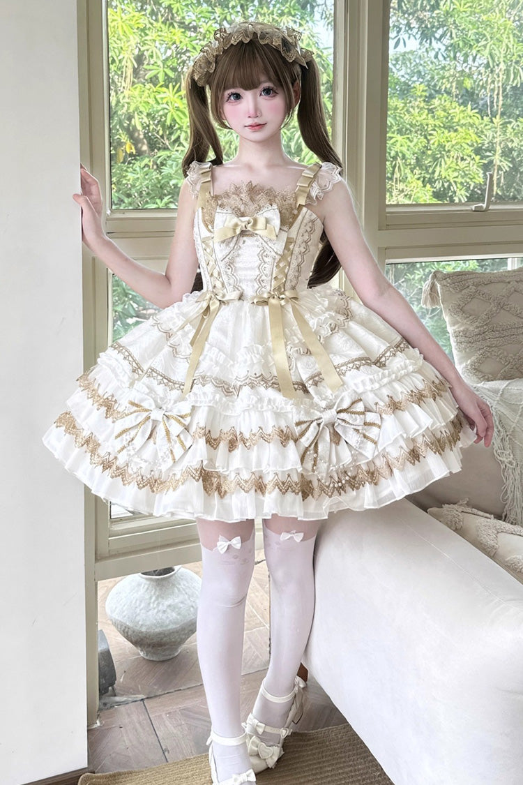 White Gilded Memories Sleeveless Double-Layered Ruffle Hot Stamping Bowknot Lace Sweet Lolita Jsk Dress