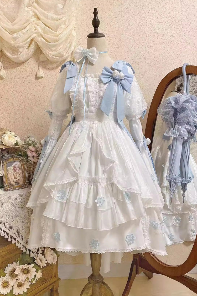 White Boat Neck Multi-layer Ruffle Hanayome Bowknot Sweet Princess Lolita Strapless Dress