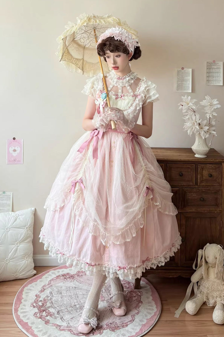 Pink Sakura's Spring Resonance Sleeveless Ruffled Bow Sweet Lolita Jsk Dress (Long Version)