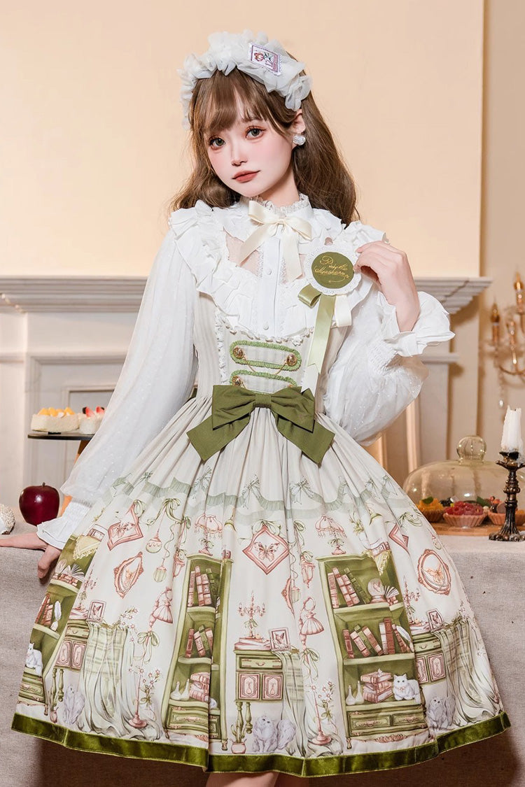 Green Ai Luo Book House Print Chest Support Bowknot Sweet Lolita Jsk Dress