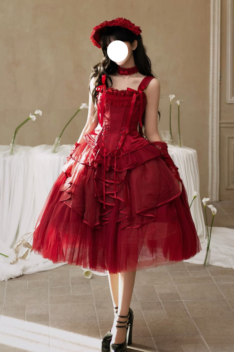 Red The Summer Waves Sparkle Square Collar Sleeveless Multi-Layered Ruffled Bow Lace-Up Slim Classic Lolita Skirt Set
