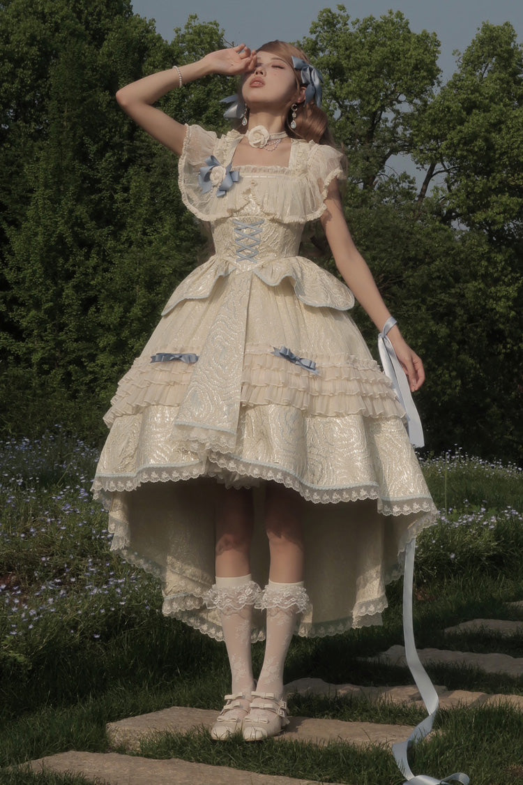Ivory/Blue Tycoon's Daughter Ruffle Bowknot Sweet Elegant Princess Lolita Jsk Dress
