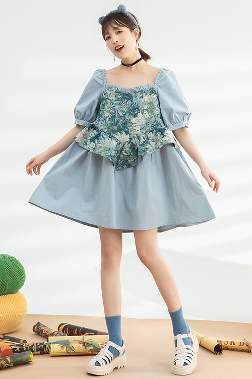 Blue Square Collar Ruffled Oil Painting Patchwork Short Sleeves High Waisted Sweet Lolita Dress