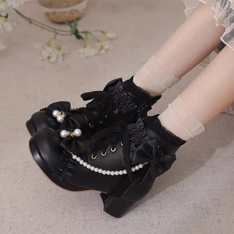 Sweet Ruffled Bow Pearl-Decorated Lolita Ankle Boots 3 Colors