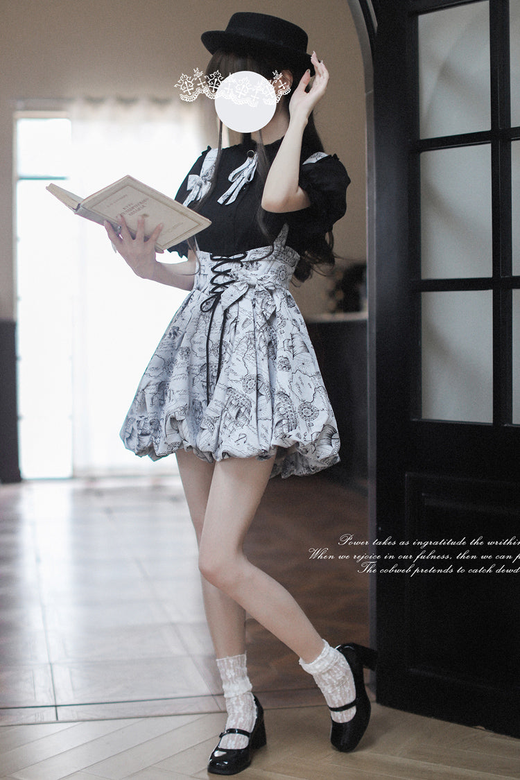 Grey Elise Print Bowknot Lace-Up Sweet Vintage Lolita Skirt