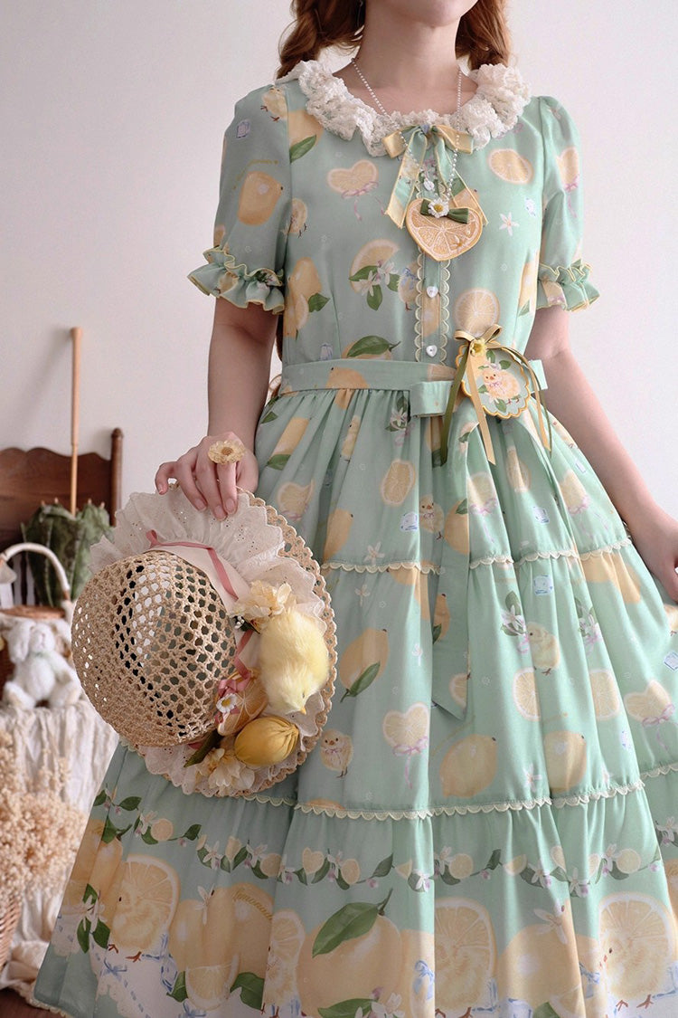 Green Lemon Chicken Short Sleeves Print Ruffle Bowknot Lace Daily Sweet Lolita Dress