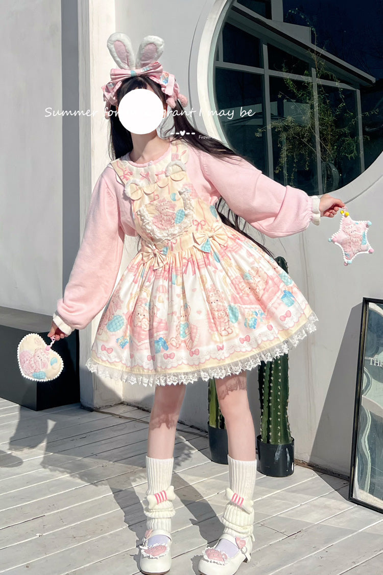 Kawaii Bears Print Yellow Bowknot Stitching Lace Sweet Lolita Strap Dress