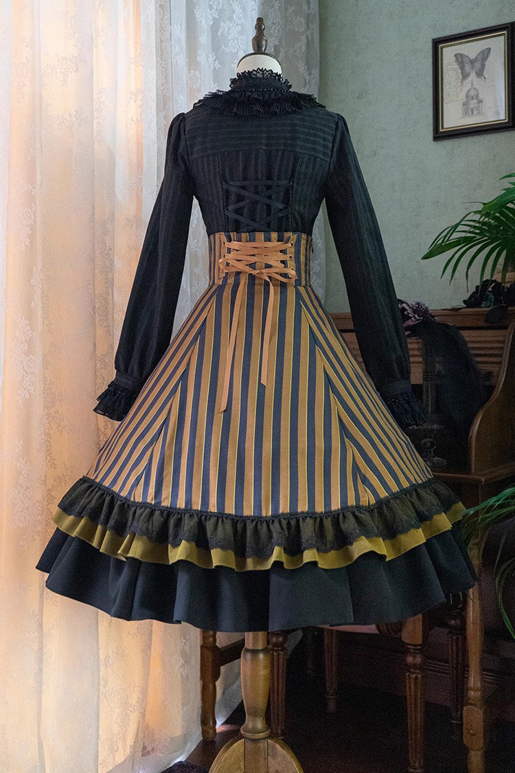 Point Manor Multi-layer Striped Print Ruffle Vintage Elegant Gothic Lolita Skirt 4 Colors