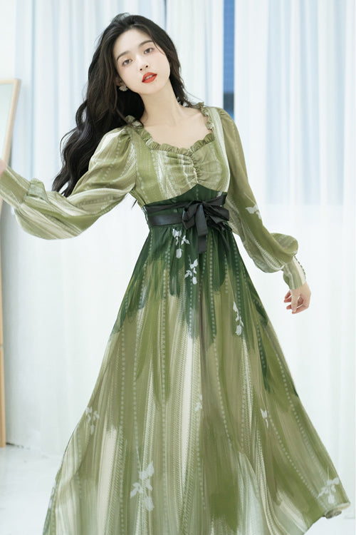 Green French Oil Painting Square Collar Long Sleeves High Waisted Long Sweet Lolita OP Dress