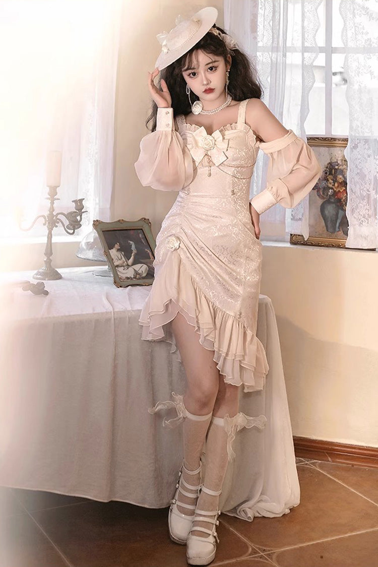 Champagne Camellia 2.0 Sleeveless Jacquard Ruffle Lace Asymmetric Sweet Chinese Style Fishtail Lolita Jsk Dress